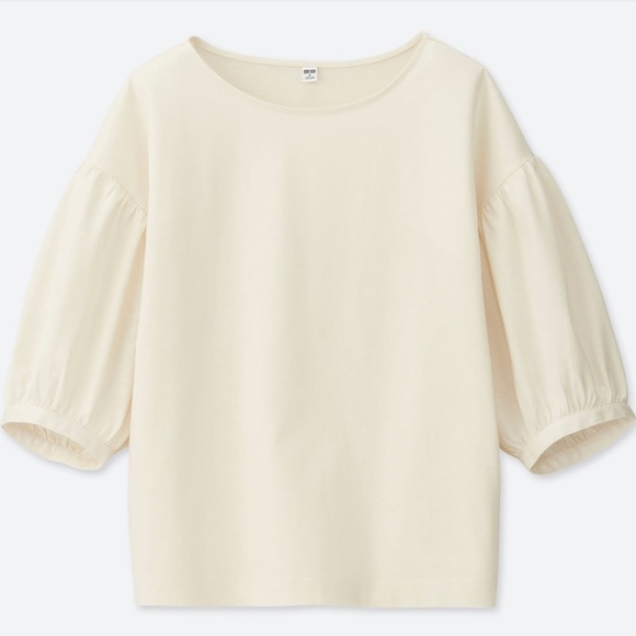 UNIQLO Mercerized Cotton Gather Half-Sleeve T-Shirt in Off-White Size Large L - Picture 1 of 1